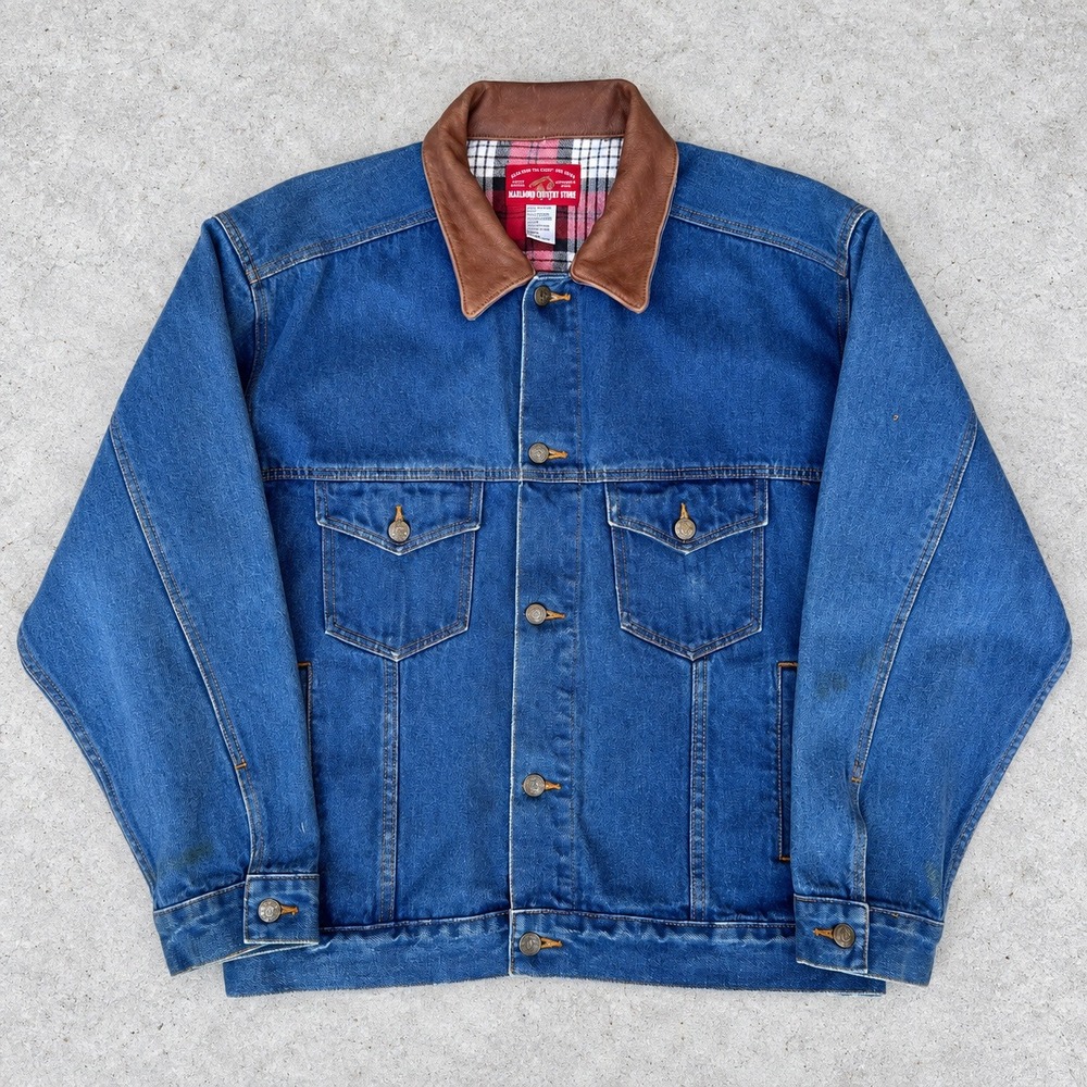 Vintage Marlboro Country Store Denim Jacket Leather Collar Flannel Lined M